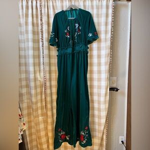 ASOS Dark Green Floral Embroidered Velvet Jumpsuit